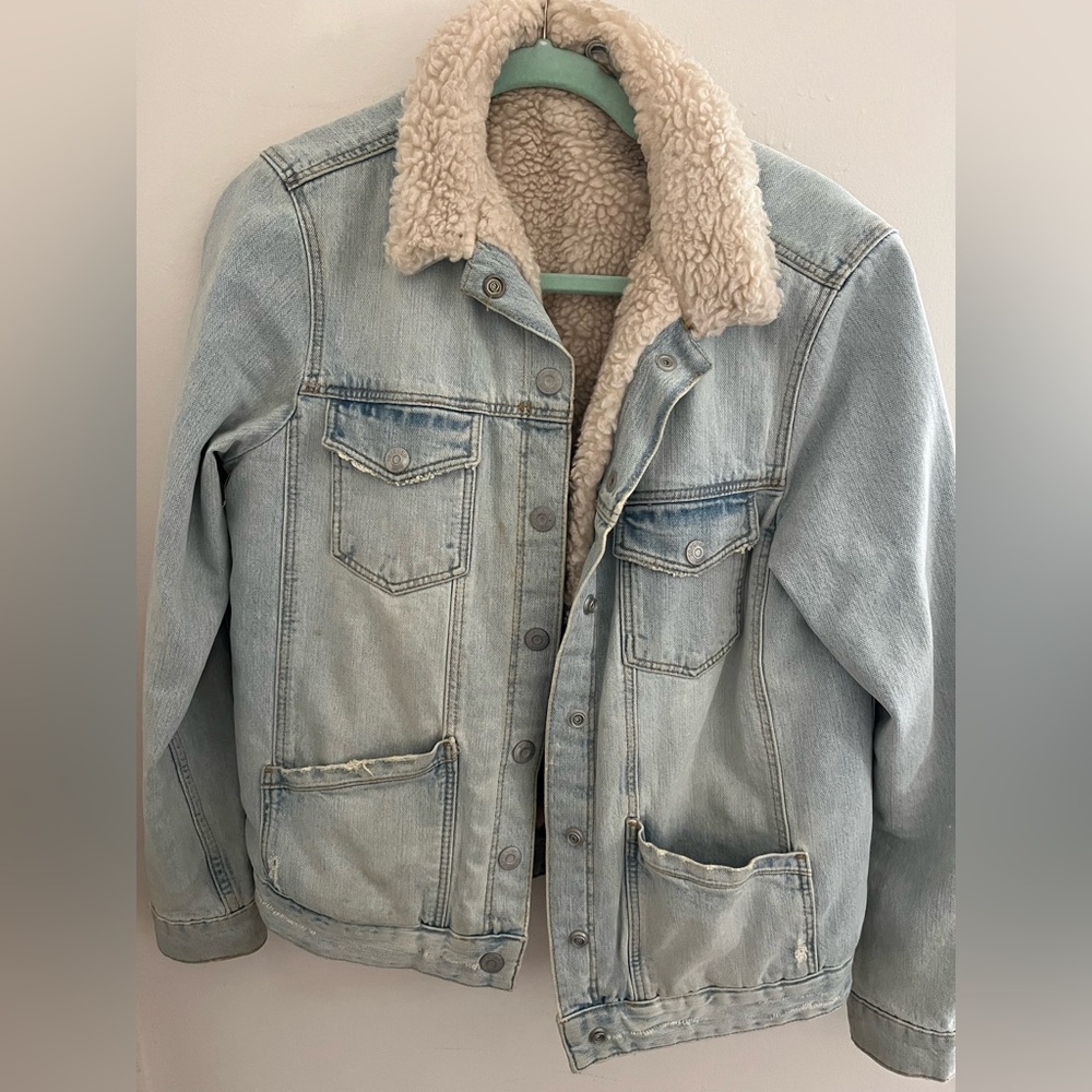 Top shop x Nordstrom distressed shearling jean jacket